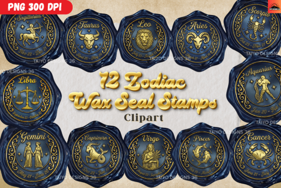 Enhancing Creative Projects with Gold Zodiac Wax Seal Stamps Clipart PNG