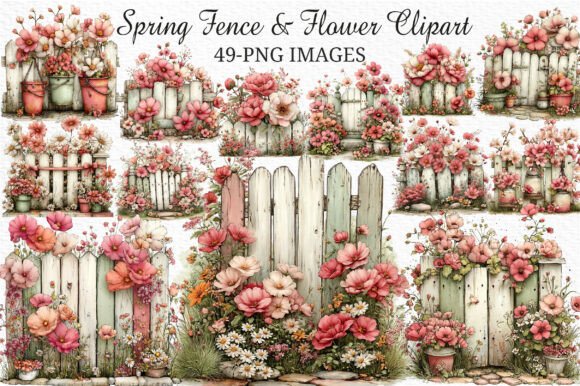 Spring Fence Flower Clipart PNG: Elevating Digital Design with Whimsical Watercolor Charm