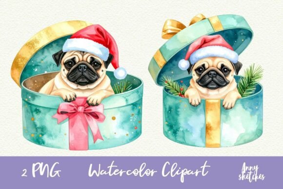 Vintage Christmas Pug on a Gift Box