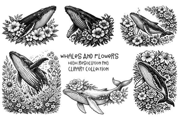 Whales and Flowers PNG Clipart Set: Elevating Creative Projects with High-Resolution Digital Art