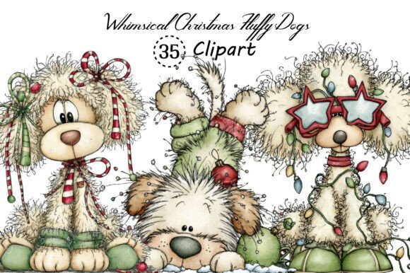 Whimsical Christmas Fluffy Dogs Clipart